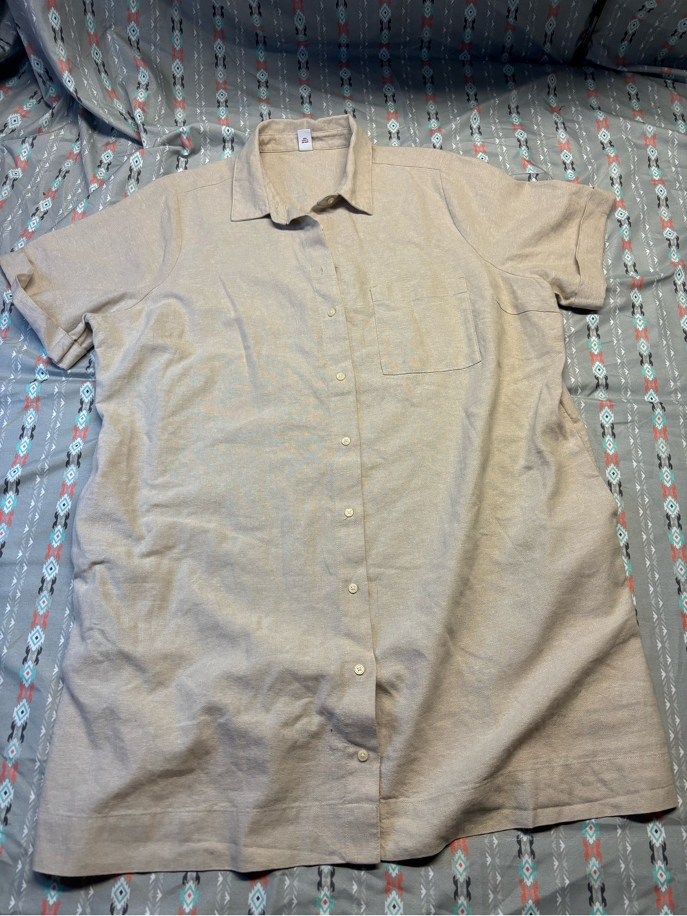 🍄Light Beige Linen Short-Sleeve Button-Down Shirt Dress